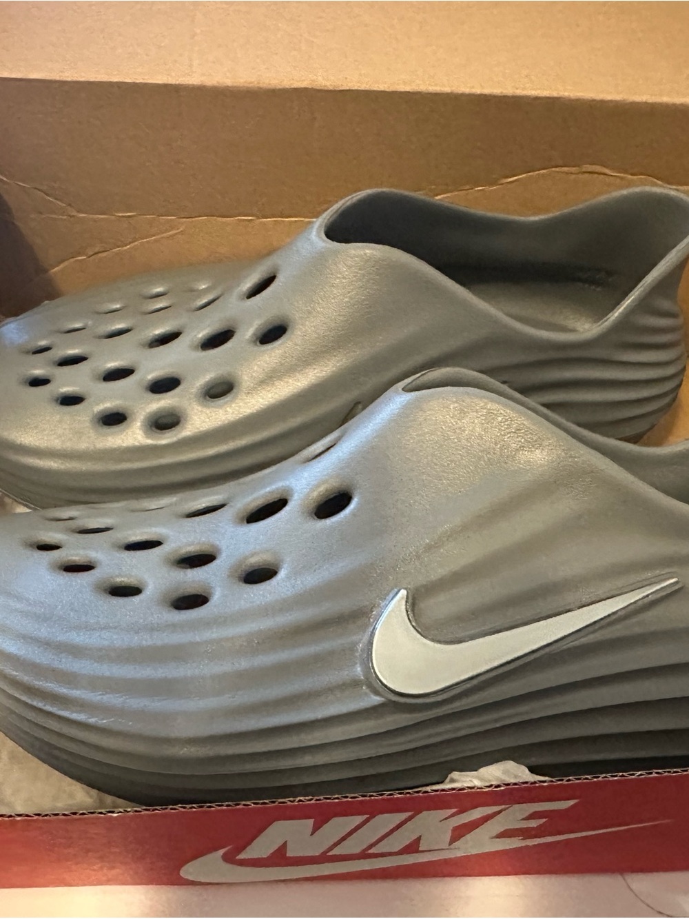 Nike Kids' Gray Slip-On Vented Clog with White Swoosh